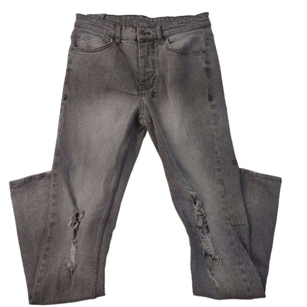 Tsubi Skinny Jeans Stretch Button Fly 32" Inseam Distressed Straight Gray Denim